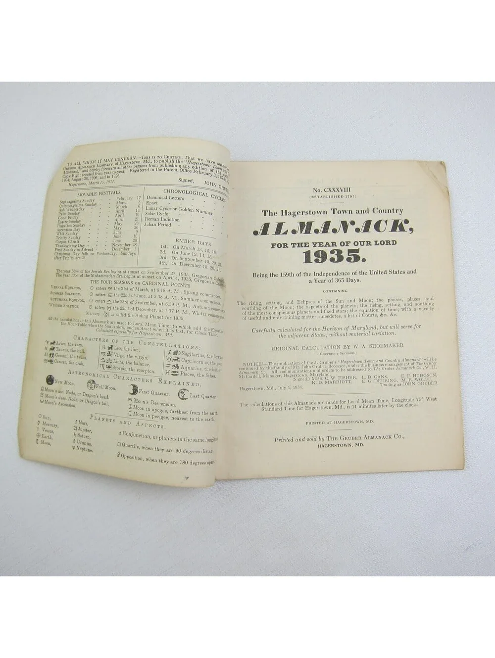 Vintage 1935 Old Farmer's Almanac John Gruber Hagerstown Town & Country Almanack